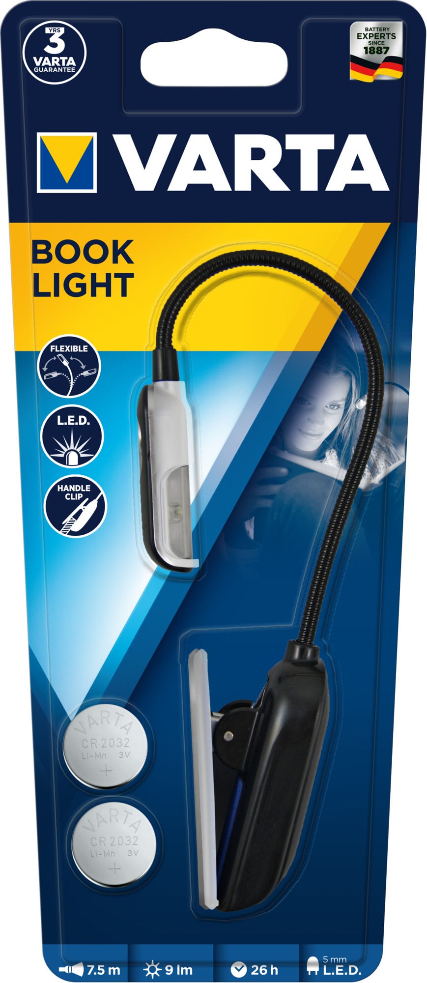 VARTA LAMPE LISEUSE CR2032 x2 inclues LED pince livres 9lm 7,5m VARTA